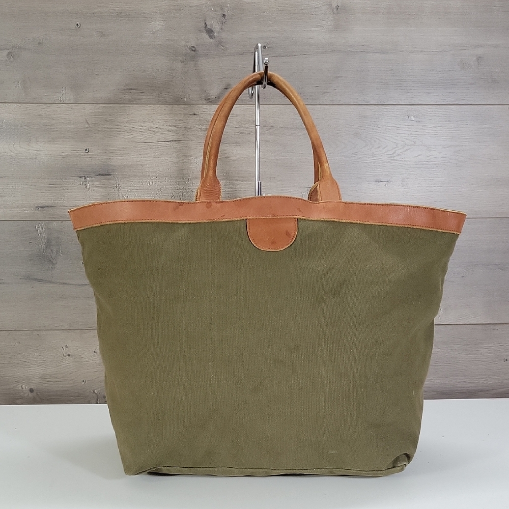 Large Olive Green Canvas with Tan Leather Trim Tote Bag